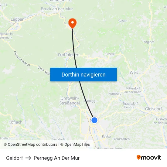 Geidorf to Pernegg An Der Mur map