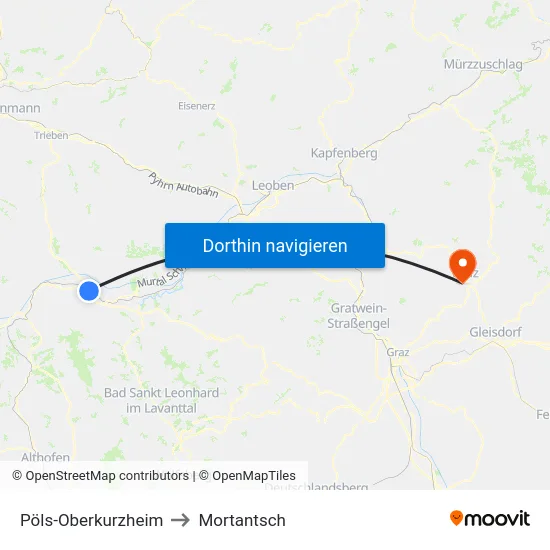 Pöls-Oberkurzheim to Mortantsch map
