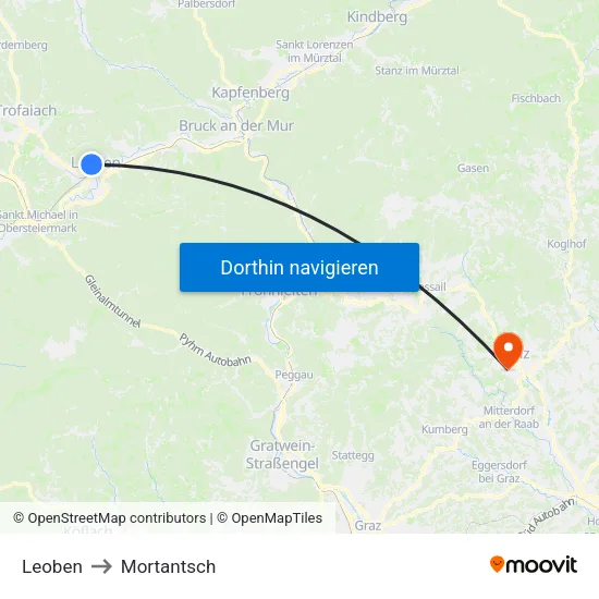 Leoben to Mortantsch map