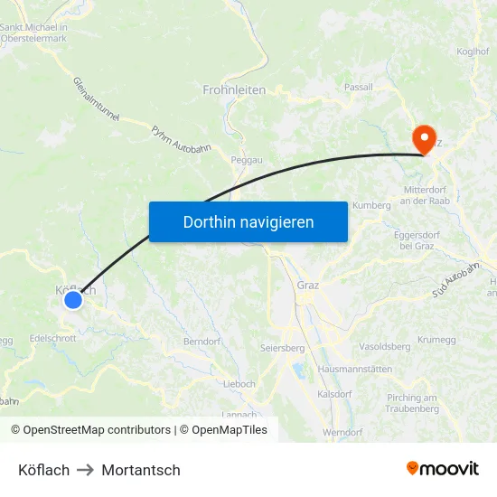 Köflach to Mortantsch map