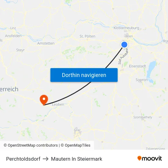 Perchtoldsdorf to Mautern In Steiermark map
