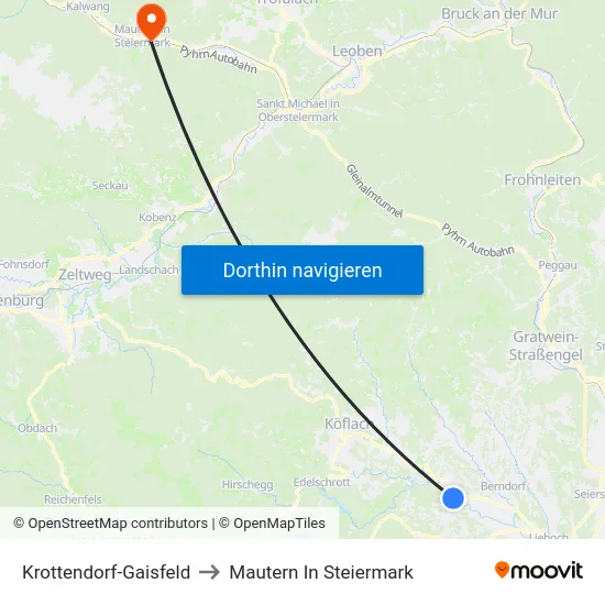 Krottendorf-Gaisfeld to Mautern In Steiermark map
