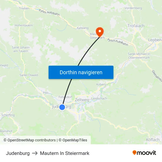 Judenburg to Mautern In Steiermark map