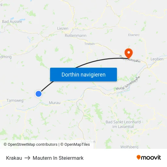 Krakau to Mautern In Steiermark map