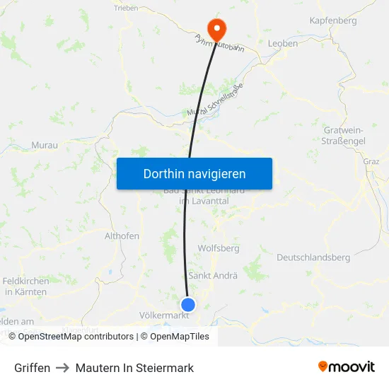 Griffen to Mautern In Steiermark map