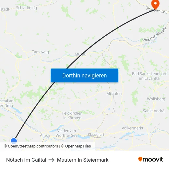 Nötsch Im Gailtal to Mautern In Steiermark map