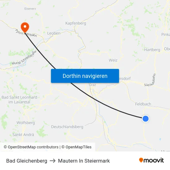 Bad Gleichenberg to Mautern In Steiermark map