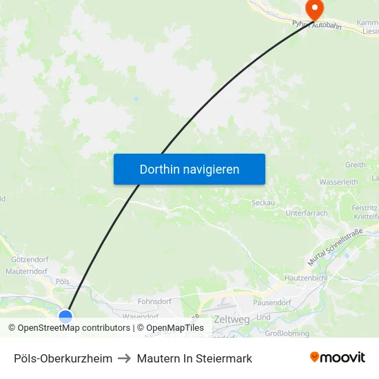 Pöls-Oberkurzheim to Mautern In Steiermark map