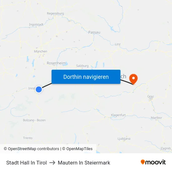 Stadt Hall In Tirol to Mautern In Steiermark map