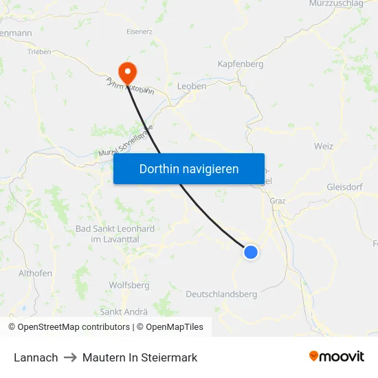 Lannach to Mautern In Steiermark map