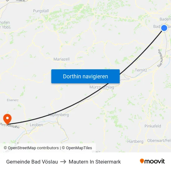 Gemeinde Bad Vöslau to Mautern In Steiermark map