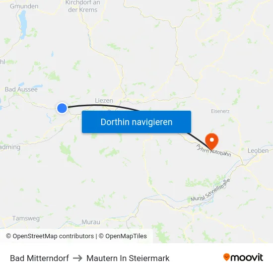 Bad Mitterndorf to Mautern In Steiermark map
