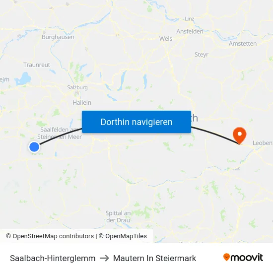 Saalbach-Hinterglemm to Mautern In Steiermark map