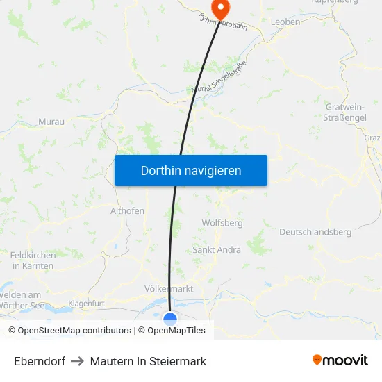 Eberndorf to Mautern In Steiermark map