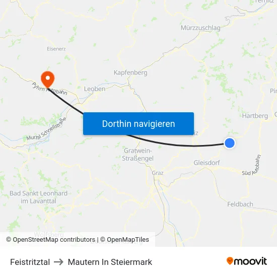 Feistritztal to Mautern In Steiermark map