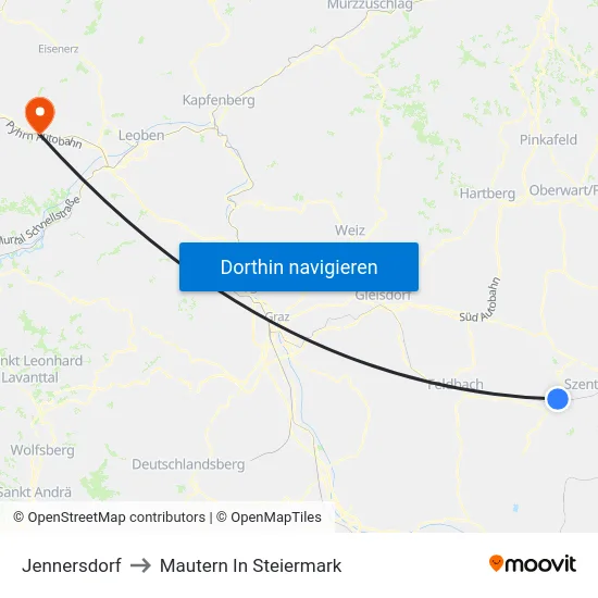 Jennersdorf to Mautern In Steiermark map