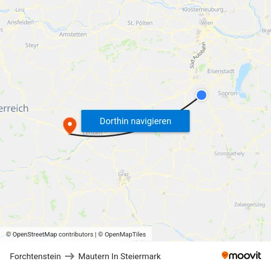 Forchtenstein to Mautern In Steiermark map