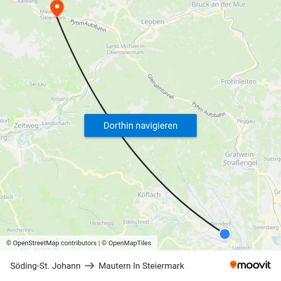Söding-St. Johann to Mautern In Steiermark map