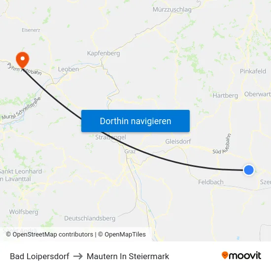 Bad Loipersdorf to Mautern In Steiermark map