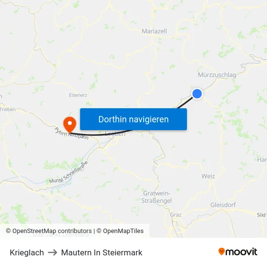 Krieglach to Mautern In Steiermark map