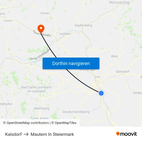 Kalsdorf to Mautern In Steiermark map