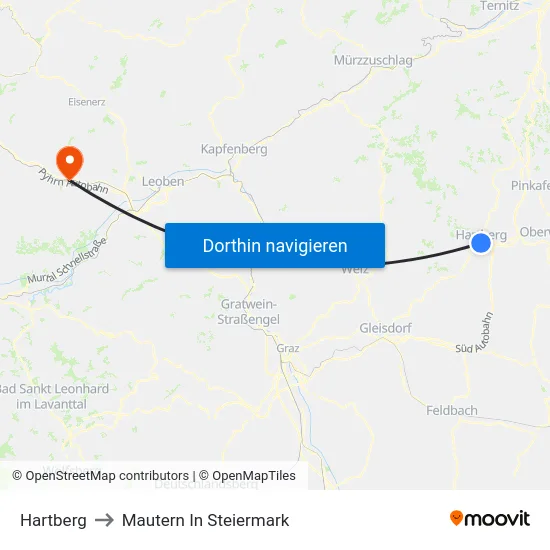Hartberg to Mautern In Steiermark map