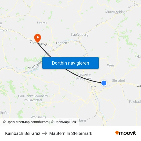 Kainbach Bei Graz to Mautern In Steiermark map