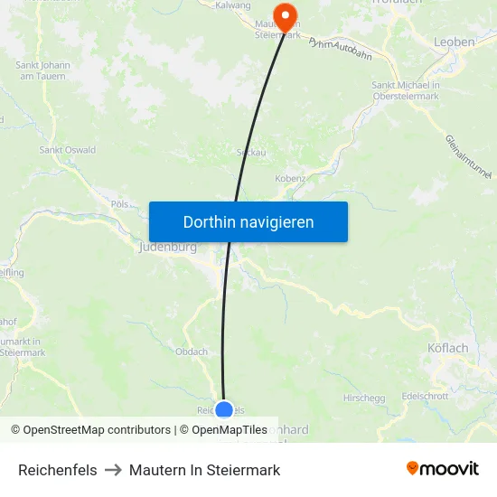 Reichenfels to Mautern In Steiermark map