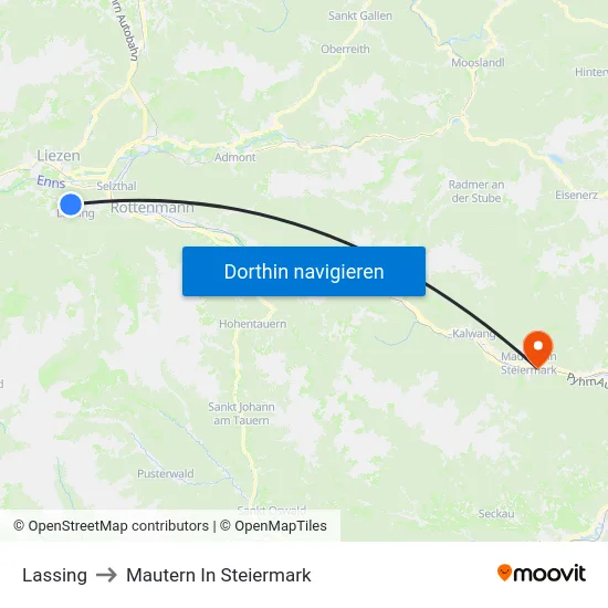 Lassing to Mautern In Steiermark map