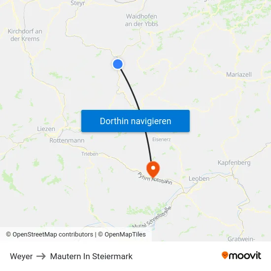 Weyer to Mautern In Steiermark map