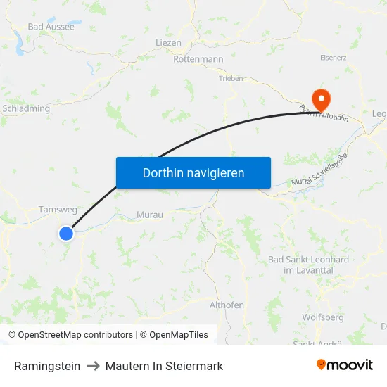 Ramingstein to Mautern In Steiermark map