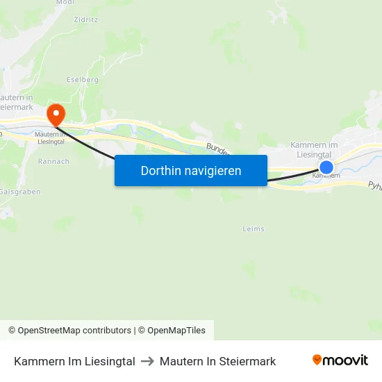 Kammern Im Liesingtal to Mautern In Steiermark map