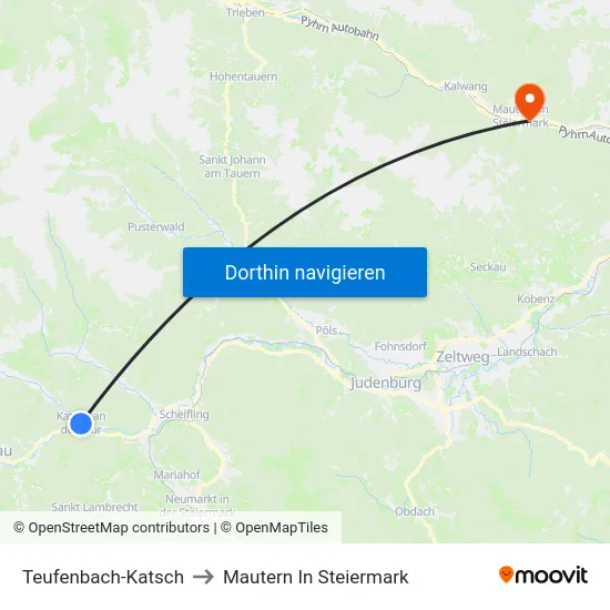 Teufenbach-Katsch to Mautern In Steiermark map