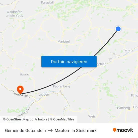 Gemeinde Gutenstein to Mautern In Steiermark map