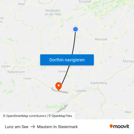 Lunz am See to Mautern In Steiermark map