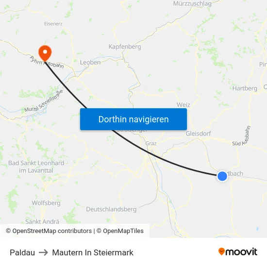 Paldau to Mautern In Steiermark map