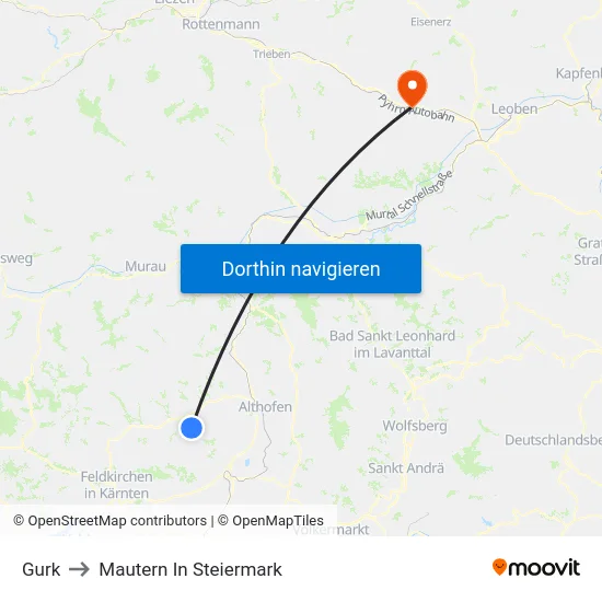 Gurk to Mautern In Steiermark map