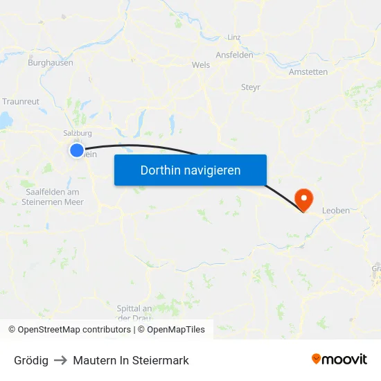 Grödig to Mautern In Steiermark map