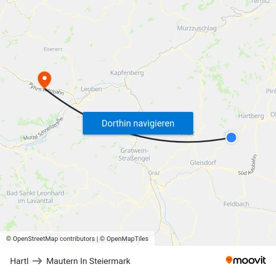 Hartl to Mautern In Steiermark map