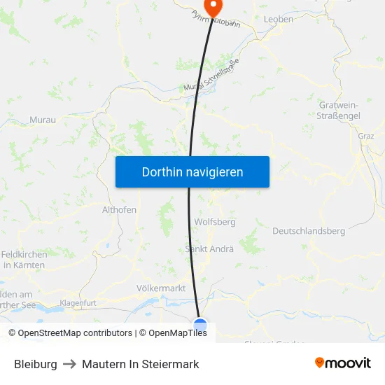 Bleiburg to Mautern In Steiermark map