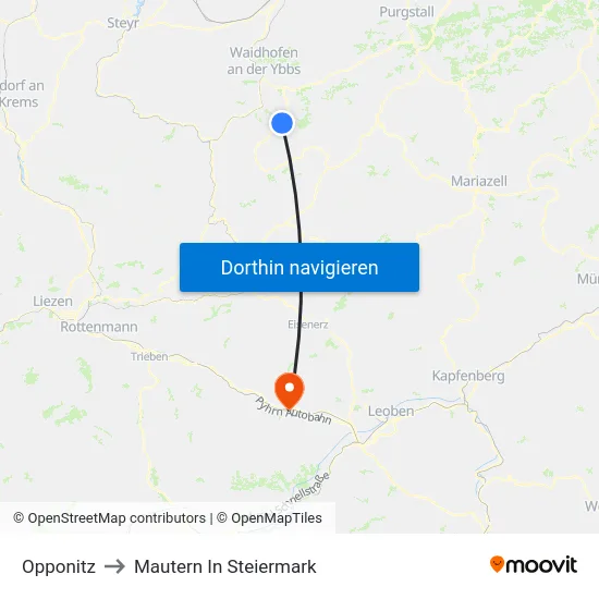 Opponitz to Mautern In Steiermark map