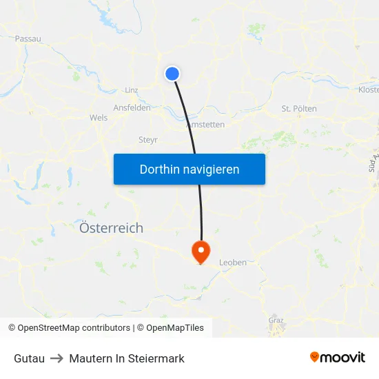 Gutau to Mautern In Steiermark map