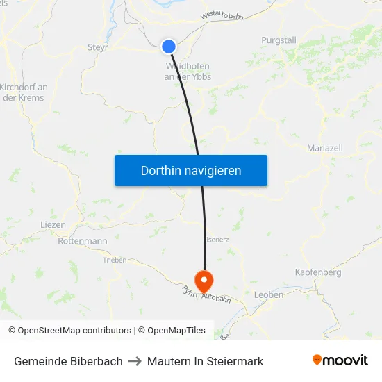 Gemeinde Biberbach to Mautern In Steiermark map