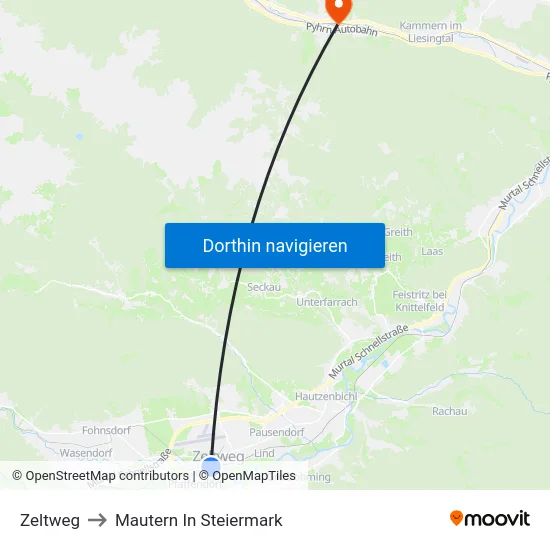 Zeltweg to Mautern In Steiermark map