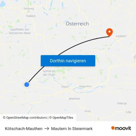 Kötschach-Mauthen to Mautern In Steiermark map