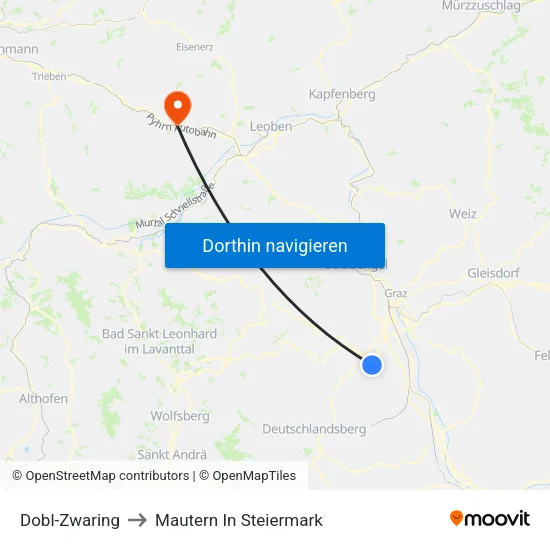 Dobl-Zwaring to Mautern In Steiermark map