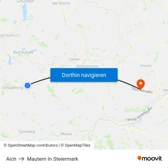 Aich to Mautern In Steiermark map