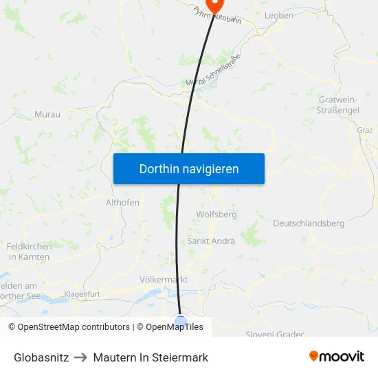 Globasnitz to Mautern In Steiermark map