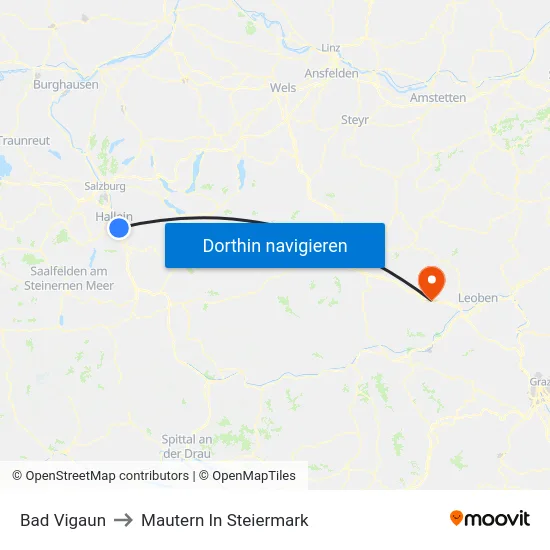 Bad Vigaun to Mautern In Steiermark map