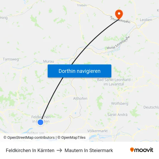 Feldkirchen In Kärnten to Mautern In Steiermark map